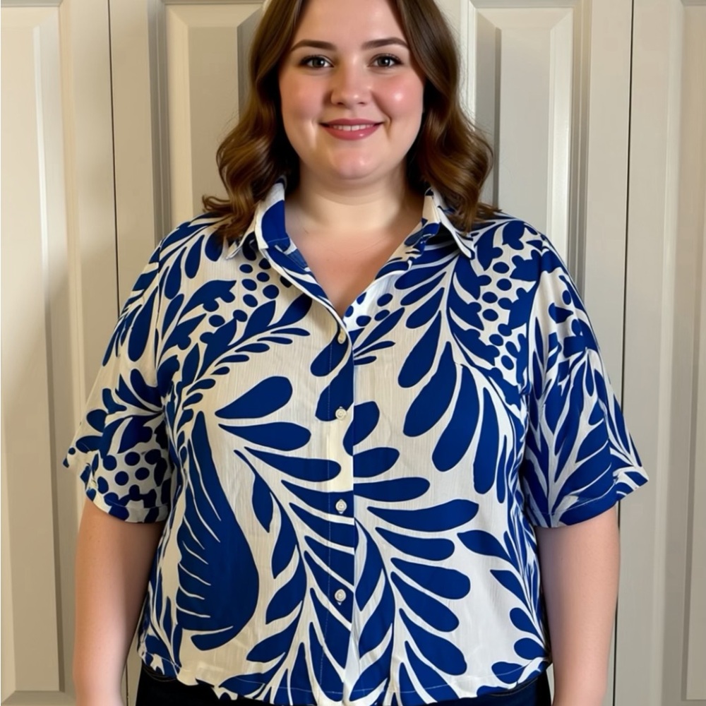 H&M Blue and White Leaf Print Button Down Shirt